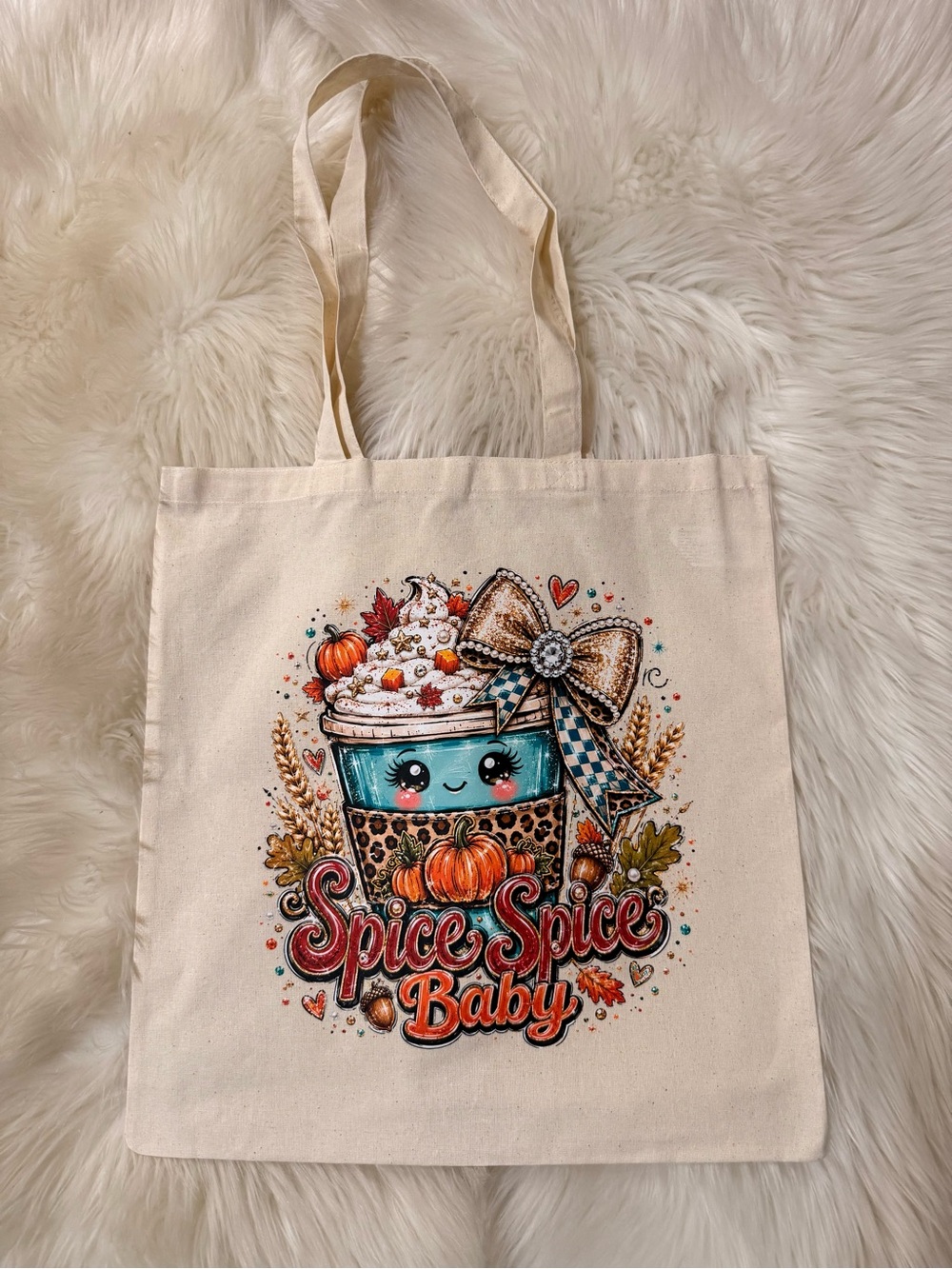 Cream Canvas Tote with 'Spice Spice Baby' Fall Graphic